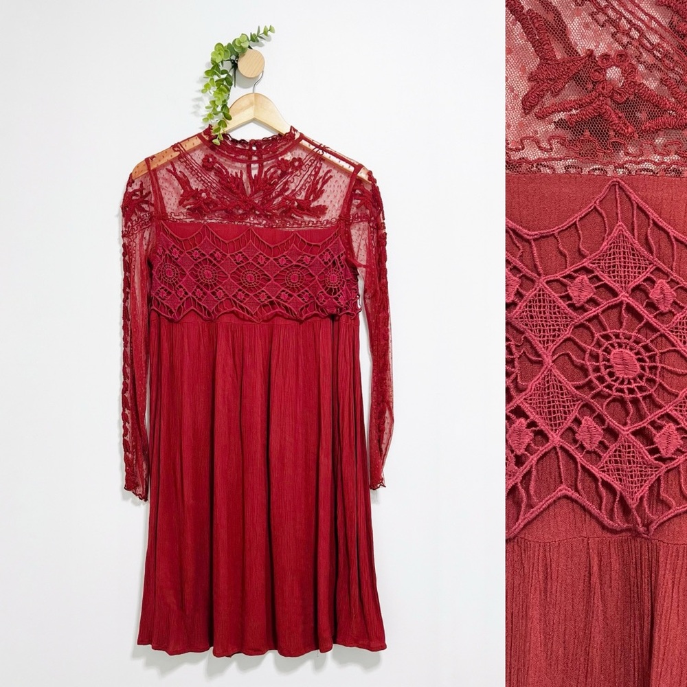 Sundance Rust Color Boho Lace Sheer Long Sleeves Mini Dress